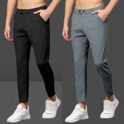 Pack of 2 Men Slim Fit Black, Grey Lycra Blend Trousers-image-57