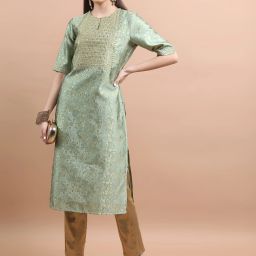 Women Embroidered Cotton Blend Straight Kurta-image-9