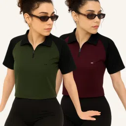 Pack of 2 Women Solid Zip Neck Polyester Dark Green, Red T-Shirt-image-67