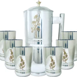 Artha Jug Glass Set Of 7 -Stainless Steel Mirror Polished And Laser Printed 2 Litre Water Jug With Brass Knob on lId And 6 Heavy Duty Glasses 400 Ml Each Weigh 100 Gram Each Glass And 500 Gram Water Jug Jug Glass Set-17