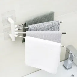 Self Adhesive Stainless Steel 180 Degree Rotating 4 Arm Towel Holder for Washbasin Napkin Hanger for Kitchen Towel Bar Rack for Bathroom white Towel Holder-image-57