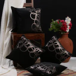 hosta homes Black Geometric Velvet 16 x 16 Inches Cushion Cover (Set of 5)-picture-14