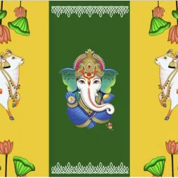 Vibrant Ganesh backdrop Wall Decoration for Puja Room size 5ft Hight & 8ft Width Curtain Fabric-28