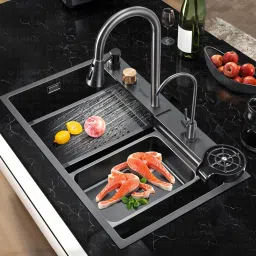 Kitchen Sink with Integrated Waterfall and Pull-down Faucets/304 Grade Stainless Steel Sink - Nano Black Finish (30 x 18 Inch) Under Counter Basin-image-77