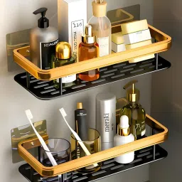 Self-Adhesive Multipurpose Wall Mounted self (Pack of 2, Gold Shelf) Bathtub Caddy-10