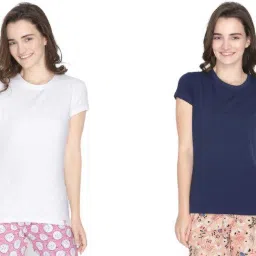 Pack of 2 Women Solid Round Neck Cotton Blend Dark Blue, White T-Shirt-image-3