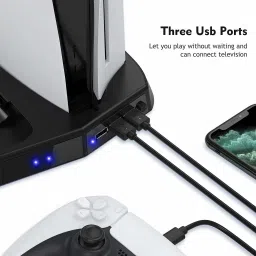 microware Vertical Stand with Cooling Fan for PS5 Console and Playstation 5 Digital Edition, Dual Controller Charging Station with 3 USB Hub for DualSense 5 Cooling Pad image 5