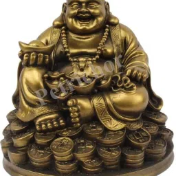 Laughing Buddha Sitting on Luck Money Coins carrying Golden Ingot Decorative Showpiece - 12.7 cm-image-14