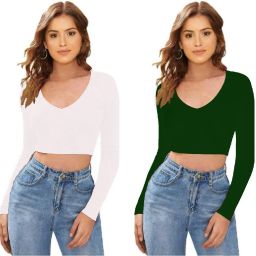 Pack of 2 Casual Regular Sleeves Solid Women Dark Green, White Top-image-9