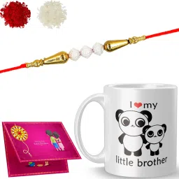Designer Rakhi with mug_NAADN3636 Gold Finish Rakhi, Chawal Roli Pack, Greeting Card, Mug Set-8