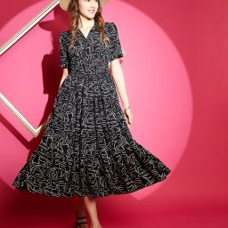 Women Fit and Flare Black, White Midi/Calf Length Dress-image-20