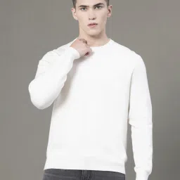 Men Solid Round Neck White Sweater-image-11