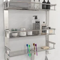 3 Layer Multipurpose Bathroom Shelf with Double Soap Dish and Tumbler Silver Towel Holder-11