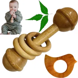 Natural Neem Wood Made Rattle Dumble Shape with 3 Rings and Bird Shape Teether Rattle-16
