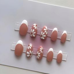 Floral Artificial nails Designer Acrylic Fake Press on art with glue kit White-26