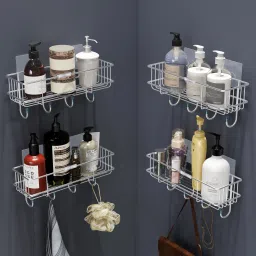 Self-Adhesive Multipurpose Bathroom Shelf with Hooks/Towel Holder- Pack of 4 Stainless Steel Wall Shelf-18