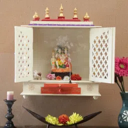 india home wood White Sheesham Wood Wall Mounted Mandir With Door-picture-9