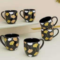 Pack of 6 Ceramic Black Golden Floral Printed Round Shape-image-56