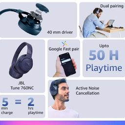 JBL Tune 760NC, Wireless Over Ear Active Noise Cancellation Headphones with Mic, Upto 50 Hours Playtime, Multi-Device Connectivity, Pure Bass, AUX & Voice Assistant Support for Mobile Phones (Blue) image 2