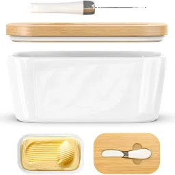 clubx Ceramic Butter Dish Box Container Cheese Server Storage Keeper Tray With Lid Butter Dish, Bowl, Fries Basket Serving Set image 4