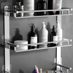 3 in 1 Multipurpose Bathroom Shelf/Rack/Hanger Silver Towel Holder-14