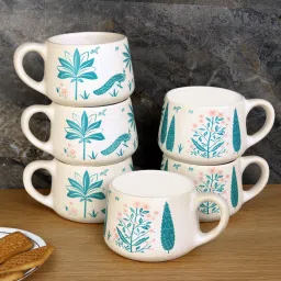 Pack of 6 Ceramic, Stoneware Green Peacock Design-22