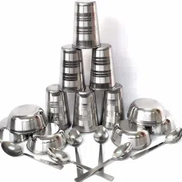 Pack of 18 Steel Stainless Steel Glass Set with Katori and Table Spoon Dinner Set-32