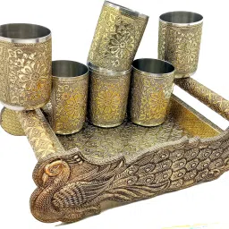 Gold Peacock Design Tray With Handle Glass Tray Set, Glass Tray Set (Wood, Stainless Steel)Oxidize Glass, Handicraft Tray, Oxidized Peacock Design Glass Tray Set-image-81