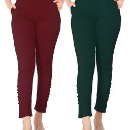 Pack of 2 Women Slim Fit Green, Maroon Cotton Blend Trousers-image-1