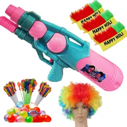 (1 Pichkari+ 3 Magic Balloon+ 3 Holi Cap+ 1 Malinga Wig)for Kids Holi Party Fun Water Gun-image-11