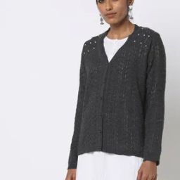 Women V-Neck Cardigan with Pearl Accents-38