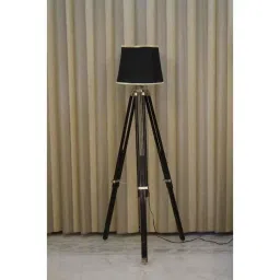 Tucasa Mango Wood Black Tripod Floor Lamp with Polycotton Black Shade, P-105-9