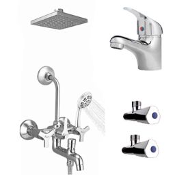 Mayur Ocich Trio 5 Pcs Brass 3 In 1 Wall Mixer Wall Mount Bathroom Set with 6 inch Rain &a; Hand Shower, 7710R6-GFLO-1111-Tri01-26