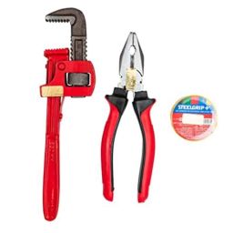 Globus 315 10 inch Steel Adjustable Pipe Wrench, 8 inch Combination Plier with PVC Insulation Electric Tape Combo, GL-8CP-STILSON10-TAPE-20