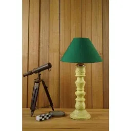 Tucasa Mango Wood Vintage Yellow Table Lamp with 10 inch Polycotton Green Pyramid Shade, WL-268-16