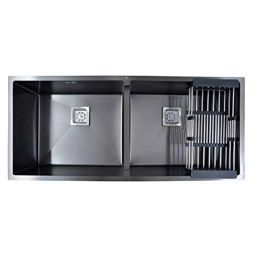 BLACKADO 37x18x10 inch Stainless Steel 304 Satin Finish Black Double Bowl Handmade Kitchen Sink-image-58