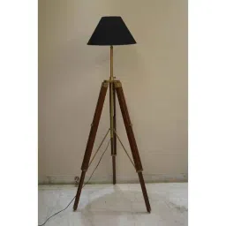 Tucasa Mango Wood Brown Tripod Floor Lamp with Polycotton Black Shade, P-123-21