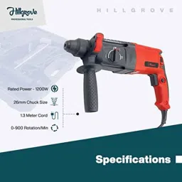 Hillgrove 1200W Forward &a; Reverse Rotation Hammer Impact Drill Machine with 5 Pcs SDS Plus Bit, Drill Chuck, SDS Adapter &a; Gloves, HGCM1251 image 4