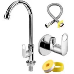 Fastgear 4 Pcs Stainless Steel Chrome Finish Angle Wall, Connection Pipe, Teflon Tape &a; Swan Neck Basin Tap Set-image-16