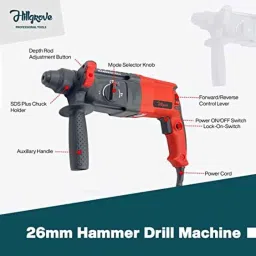 Hillgrove 1200W Forward &a; Reverse Rotation Hammer Impact Drill Machine with 5 Pcs SDS Plus Bit, Drill Chuck, SDS Adapter &a; 2 in 1 Screwdriver, HGCM1256 image 2