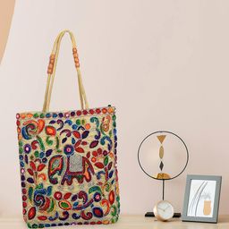 Kuber Industries Floral Embroidered Embellished Shopper Cotton Tote Bag-46