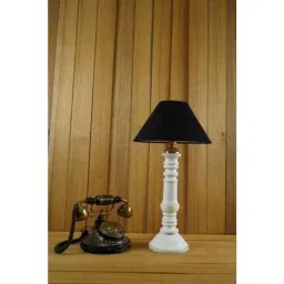 Tucasa Mango Wood White Table Lamp with 10 inch Polycotton Black Pyramid Shade, WL-113-12