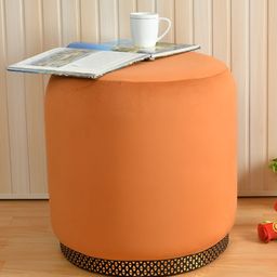 Shadowkart Orange-colored Velvet & Wooden Round Ottoman-84