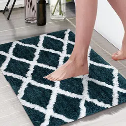 Aura Teal-Green & White Checked Checkered  1850 GSM Anti Skid Microfiber Bath Rugs-11