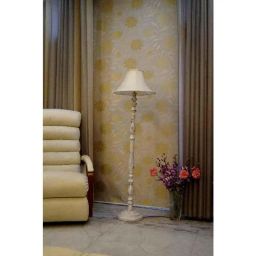 Tucasa Vintage White Mango Wood Floor Lamp with Off White Conical Polycotton Shade, WF-30-7