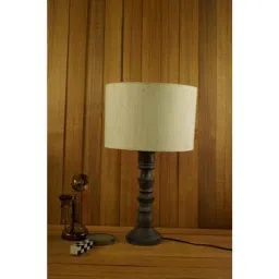 Tucasa Mango Wood Grey Table Lamp with 11.5 inch Polycotton Off White Drum Shade, WL-301-23