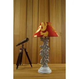 Tucasa Mango Wood Antique White Carving Table Lamp with 10 inch Polycotton Red Gold Pyramid Shade, WL-18-17