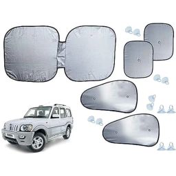 Auto Pearl 5 Pcs Polyester Black &a; Silver Window &a; Front Sun Shade Set for Mahindra Scorpio 2002-2006-picture-26