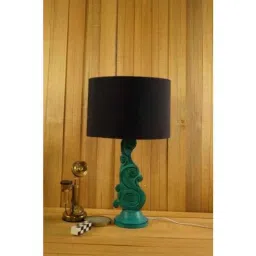 Tucasa Mango Wood Green Carved Table Lamp with 11.5 inch Polycotton Black Drum Shade, WL-309-picture-2