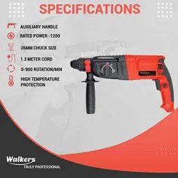 Walkers 1200W Forward &a; Reverse Rotation Hammer Impact Drill Machine with 5 Pcs SDS Plus Bit, Drill Chuck, SDS Adapter &a; 8 inch Adjustable Wrench, WKCB399 image 2